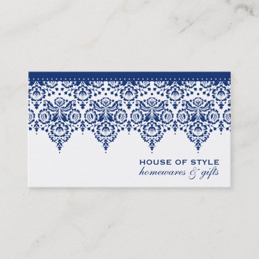 VISITEKAARTJE stijlvol Damask Royal Navy blauw wit (Voorkant)