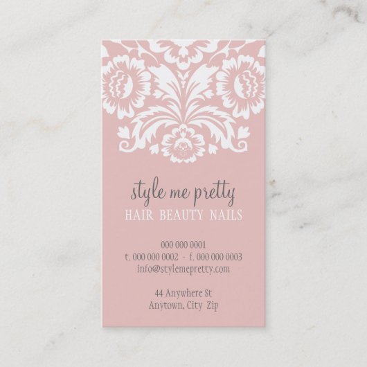 VISITEKAARTJE stijlvol elegant damask roze grijs (Voorkant)