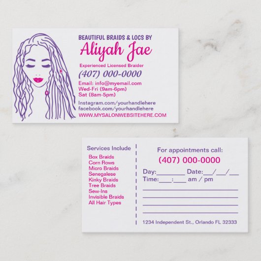 Visitekaartje van Afrikaanse Amerikaanse Hair Brai Afsprakenkaartje (Voorkant / Achterkant)