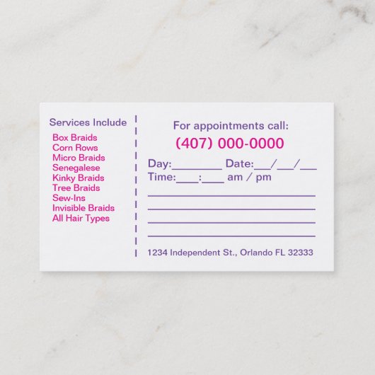 Visitekaartje van Afrikaanse Amerikaanse Hair Brai Afsprakenkaartje (Achterkant)