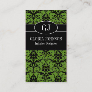 Visitekaartje van Black and Green Damask Monogram
