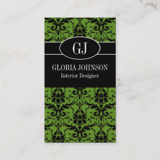 Visitekaartje van Black and Green Damask Monogram