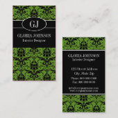 Visitekaartje van Black and Green Damask Monogram (Voorkant / Achterkant)