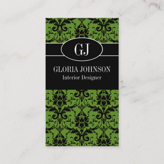 Visitekaartje van Black and Green Damask Monogram (Voorkant)