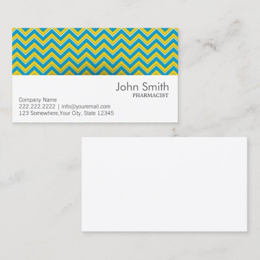 Visitekaartje van blauw- en gele Chevron Pharmacis (Voorkant / Achterkant)