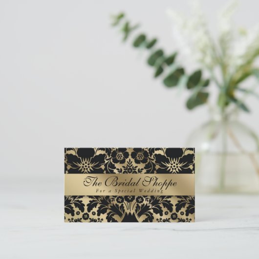 Visitekaartje van bruiloft Damask Floral Gold Blac (Staand voorkant)