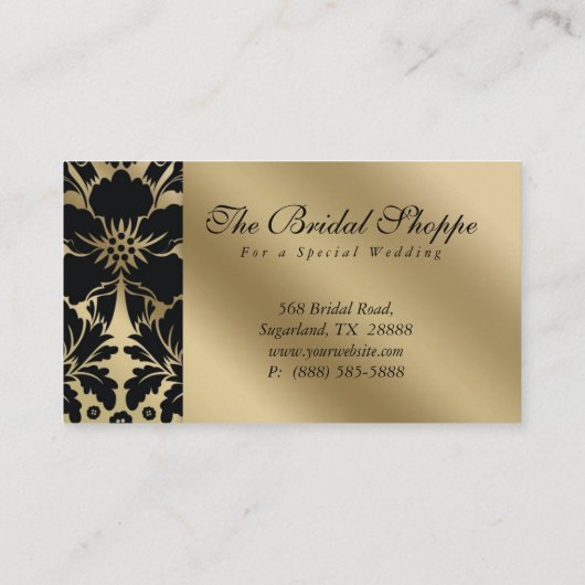 Visitekaartje van bruiloft Damask Floral Gold Blac (Achterkant)