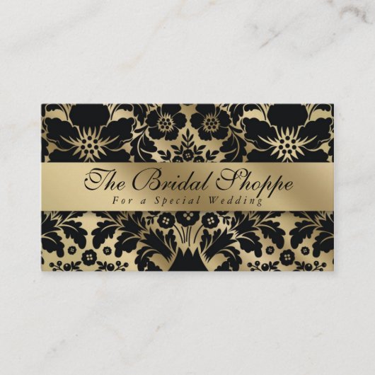 Visitekaartje van bruiloft Damask Floral Gold Blac (Voorkant)