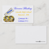 Visitekaartje van de blauwe en gele Cheerleader (Voorkant / Achterkant)