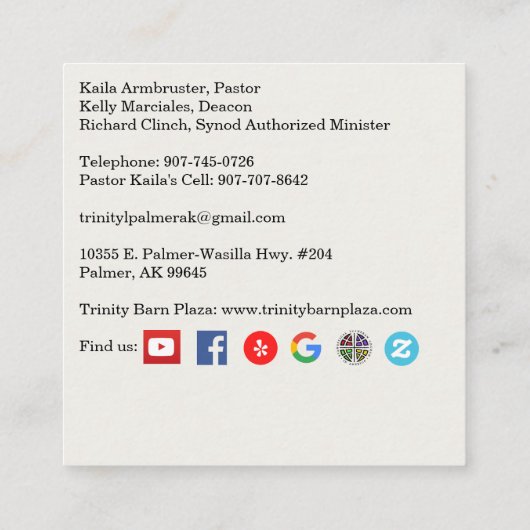 Visitekaartje van de Trinity Lutheran Church (Achterkant)