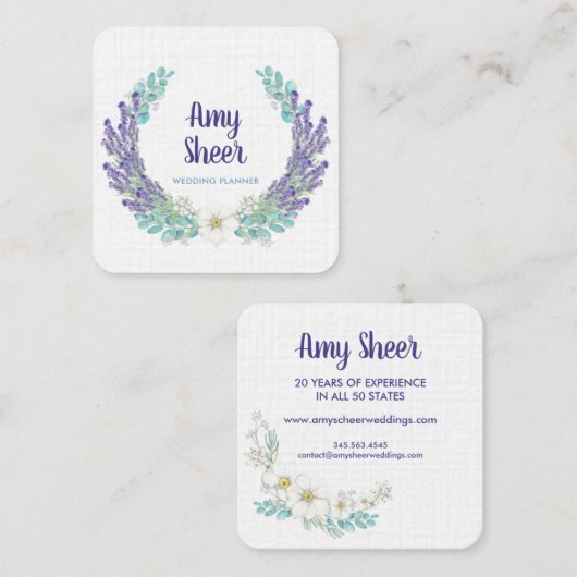 Visitekaartje van de weduwenplanner op het lavende (Voorkant / Achterkant)