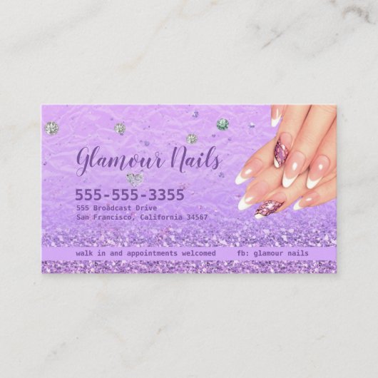 Visitekaartje van glitter en diamanten voor nagels (Voorkant)