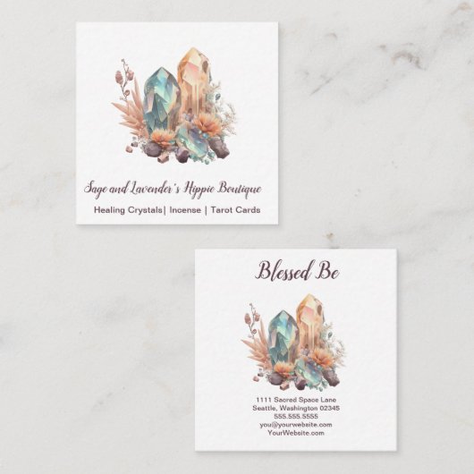 Visitekaartje van kristallen en bloemen (Voorkant / Achterkant)