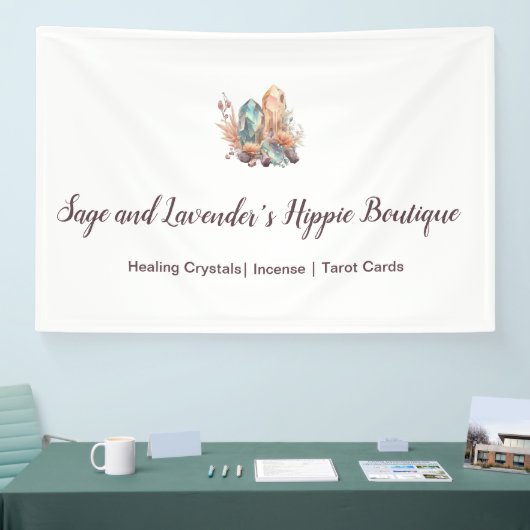 Visitekaartje van kristallen en bloemen spandoek (Beurs)