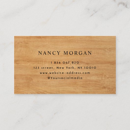 Visitekaartje van naaimachinaal hout (Achterkant)