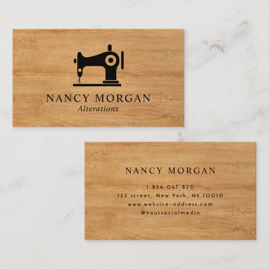 Visitekaartje van naaimachinaal hout (Voorkant / Achterkant)