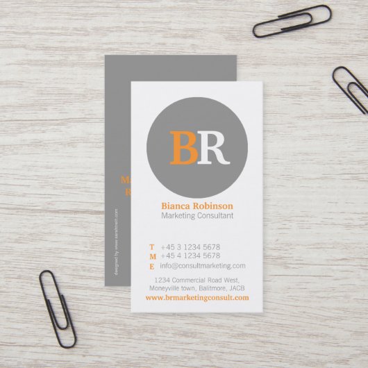 visitekaartje van Oranje, grijs en wit glas (Voorkant / Achterkant in situ)