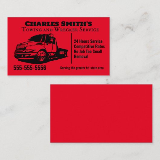 Visitekaartje van Red Tow Truck Wrecker (Voorkant / Achterkant)