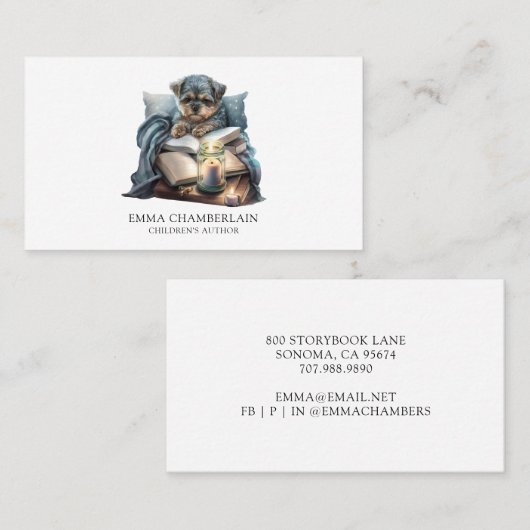 Visitekaartje voor auteur van puppy- en boekenkind (Voorkant / Achterkant)