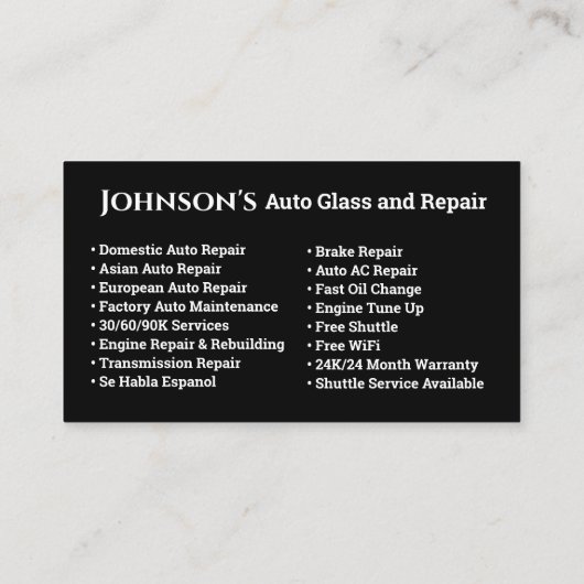 Visitekaartje voor automatisch glas en reparatie (Achterkant)