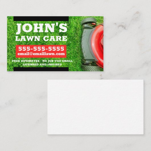 Visitekaartje voor de grasmaaier met rood grasmaai (Voorkant / Achterkant)
