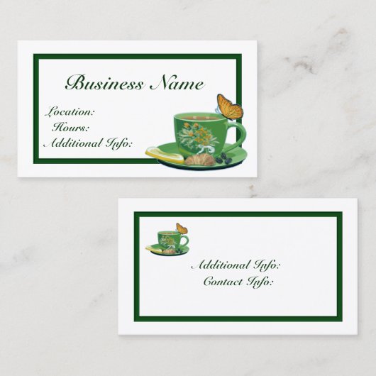 Visitekaartje voor de groene en witte koffiebeker (Voorkant / Achterkant)