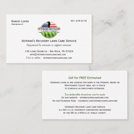 Visitekaartje voor herstel van de eigen zorg van V (Voorkant / Achterkant)