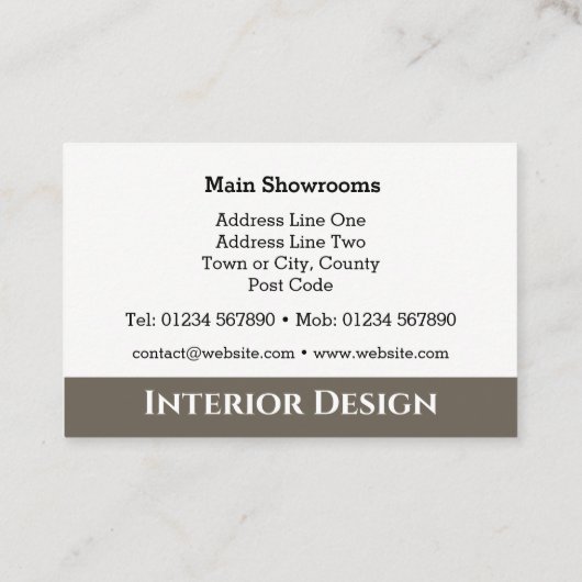 Visitekaartje voor interieurs en stoffering. (Achterkant)