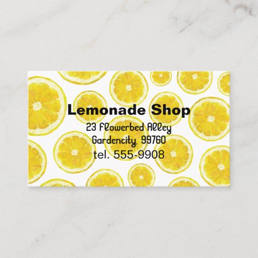 Visitekaartje voor limonadewinkels. Geel vers frui (Voorkant)