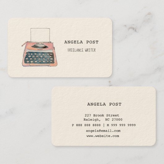 Visitekaartje voor spoedroze retro-typemachine (Voorkant / Achterkant)