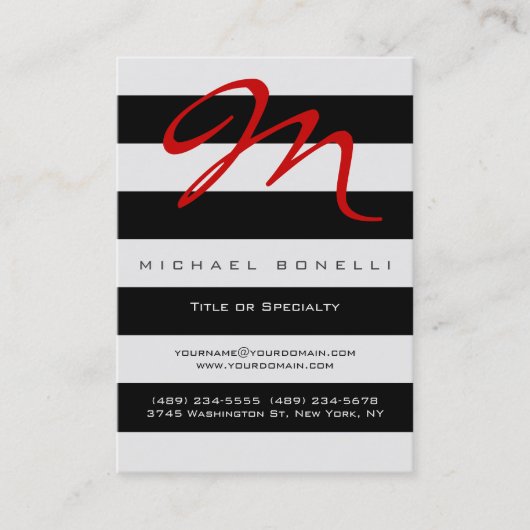Visitekaartje voor Stripes Monogram Red Calligraph (Voorkant)