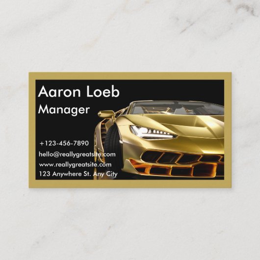 Visitekaartje voor zwarte en gouden auto's (Voorkant)