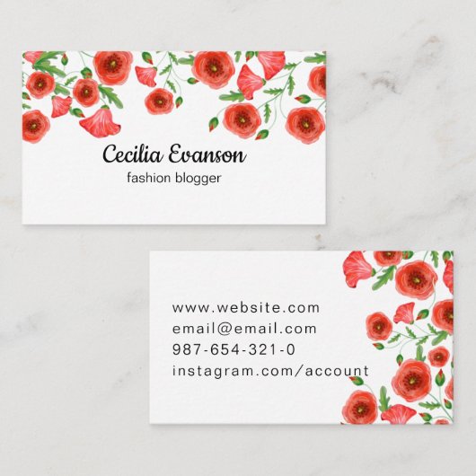 Visitekaartjes met rode bloemen (Voorkant / Achterkant)