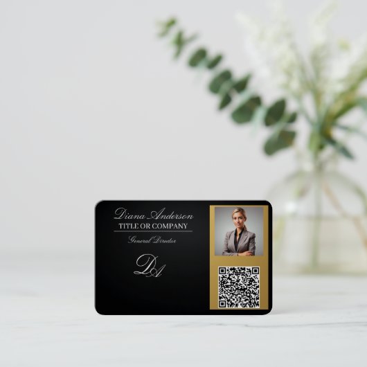 Visitekaartjes QR-code, bewerkbaar, zwart-goud, fo (Staand voorkant)