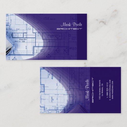 Visitekaartjes van de Indigoblauwe architect (Voorkant / Achterkant)