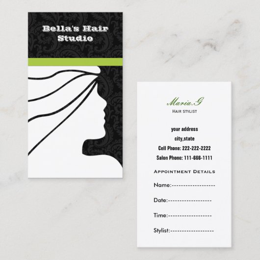 Visitekaartjes van Green Salon met benoeming op ba Afsprakenkaartje (Voorkant / Achterkant)