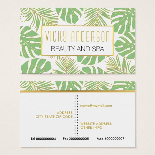 Visitekaartjes van groene en goudtropische bladere (Voorkant /achterkant)