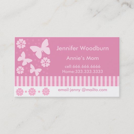 Visitekaartjes van mama - Roze Butterflies Flowers Contactkaartje (Voorkant)