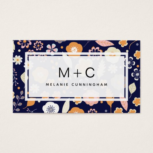 Visitekaartjes van Monogram Navy Blue Flowers (Voorkant)