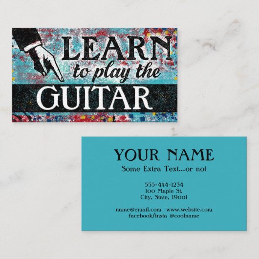 Visitekaartjes voor gitaarlessen - Blauw rood (Voorkant / Achterkant)