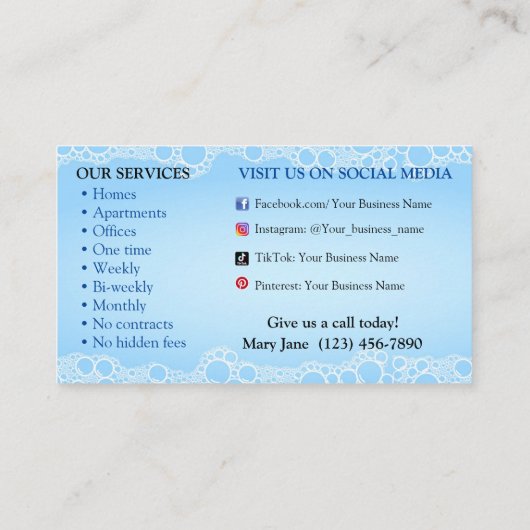 Visitekaartjes voor thuisschoonmaakservice (Achterkant)