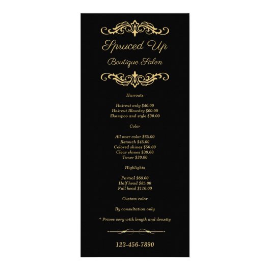 Visitekaartjes voor zwart en goudsalon rackprijzen reclamekaart (Voorkant)