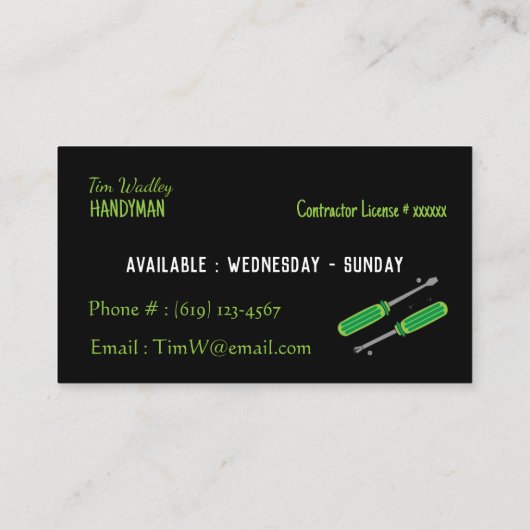 Visitekaartjes voor zwarte en Neon Green Repairman (Achterkant)