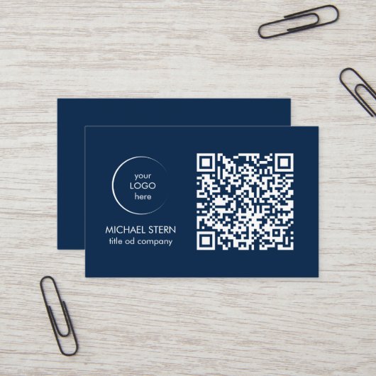 Visitenkarte mit QR-Code & Logo – Dunkelblau Visitekaartje (Voorkant / Achterkant in situ)