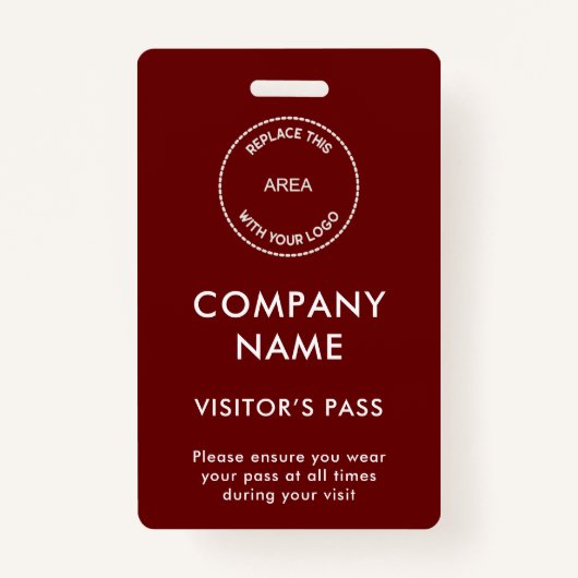 Visitors Pass Company Name Logo Burgundy White Badge (Voorkant)