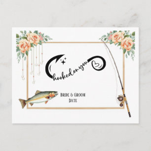 Visliefhebber bruiloft met hengel en bloemen briefkaart