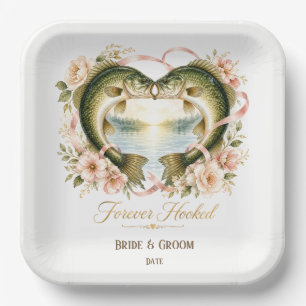 Visliefhebber bruiloft met hengel en bloemen papieren bordje