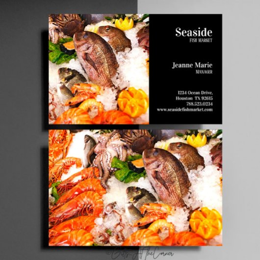 Vismarkt op zwarte achtergrond visitekaartje