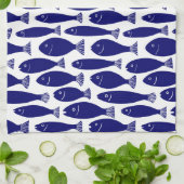 Vispatroon - Donkerblauw op wit Theedoek (Gevouwen)