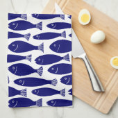 Vispatroon - Donkerblauw op wit Theedoek (Quarter Fold)